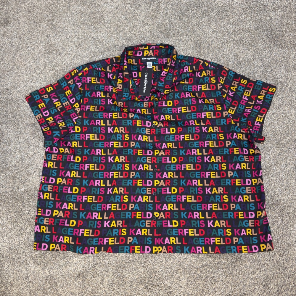 Karl Lagerfeld Paris Women 2X Rainbow Logo Print Short Sleeve Button Down Shirt